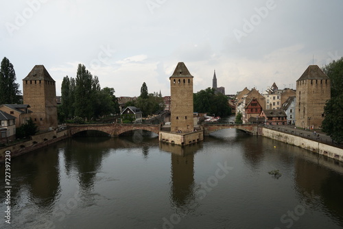The Ponts Couverts, historic set of three bridges and four defensive towers, popular tourist landmark, Strasbourg, France