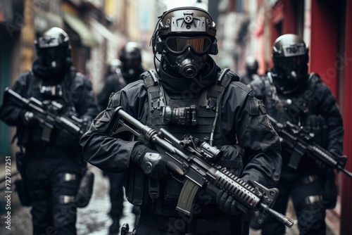Group of Soldiers Walking Down Street, Urban Enforcers, An image of futuristic soldiers in urban warfare gear, wearing face masks to combat airborne threats in a dystopian city setting, AI Generated