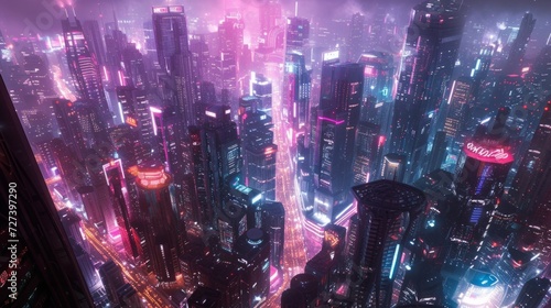 A cyberpunk cityscape with neon-lit skyscrapers, radiating futuristic energy ...