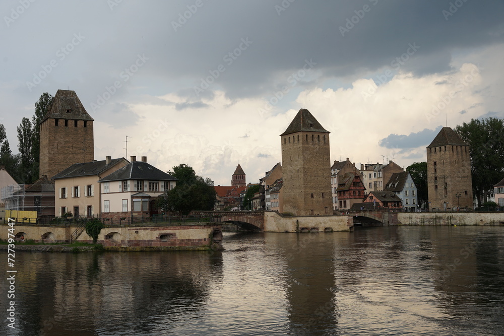 The Ponts Couverts, historic set of three bridges and four defensive towers, popular tourist landmark, Strasbourg, France