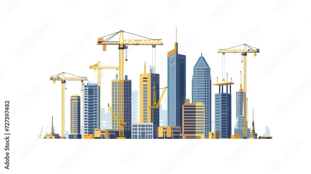 Obraz premium Simple illustration depicting the construction site of skyscrapers, showcasing the development of high-rise office and urban buildings, isolated on a white background