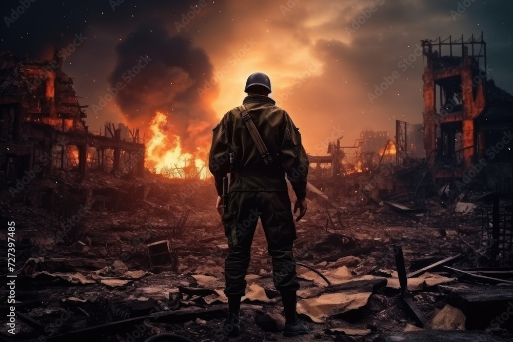 Man Standing in Middle of Destroyed Building After Disaster, War Concept, A military man in World War II uniform stands against the backdrop of destroyed buildings, AI Generated Man Standing in Middle of Destroyed Building After Disaster, War Concept, A military man in World War II uniform stands against the backdrop of destroyed buildings, AI Generated