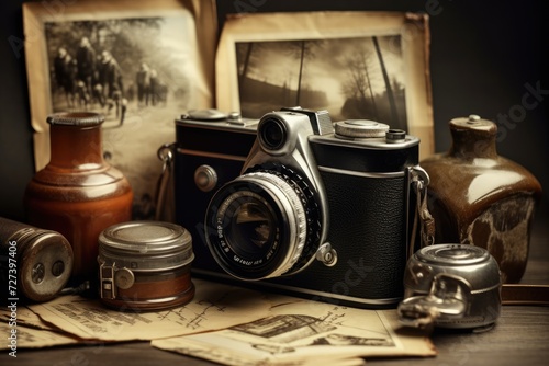 A camera is seen sitting on top of a wooden table, creating a minimalistic and neat scene, Vintage camera and old photographs, AI Generated