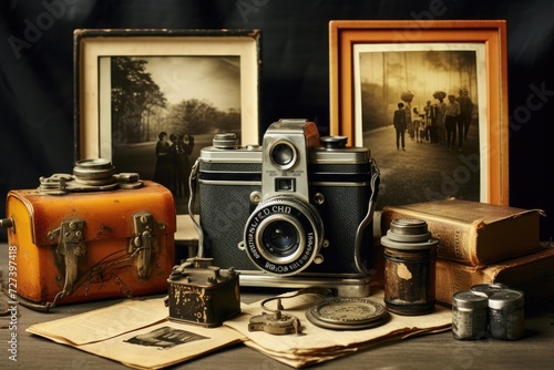 An old fashioned camera sits atop a table, showcasing a piece of classic photography equipment, Vintage camera and old photographs, AI Generated photo