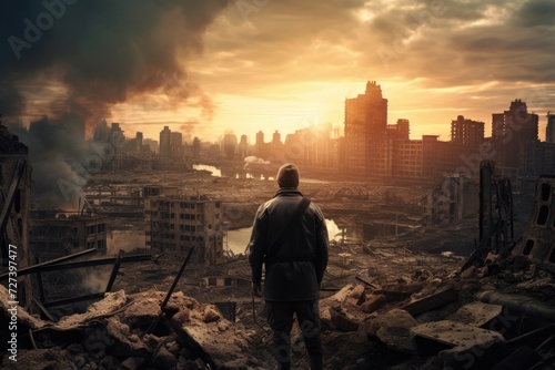 A lone man stands amidst the ruins of a city that has been completely destroyed, War Concept, A military man in World War II uniform stands against the backdrop of destroyed buildings, AI Generated photo