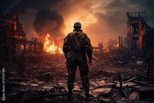 Man Standing in Middle of Destroyed Building After Disaster, War Concept, A military man in World War II uniform stands against the backdrop of destroyed buildings, AI Generated