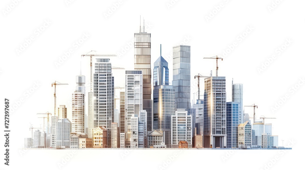 Simplified drawing showing the construction site of skyscrapers, emphasizing the development of high-rise office and urban buildings. Isolated on a white background.
