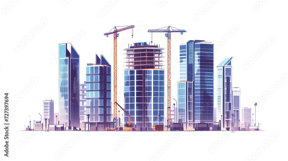 Illustration of a construction site with skyscrapers, highlighting the progress of high-rise office and urban buildings. White background isolation.
