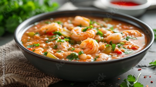 A bowl of seafood gumbo, a Cajun delight, with shrimp, crab, and okra in a spicy broth.
