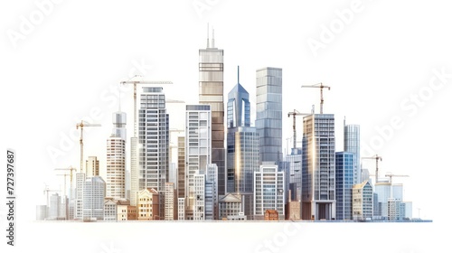 Simplified drawing showing the construction site of skyscrapers  emphasizing the development of high-rise office and urban buildings. Isolated on a white background.