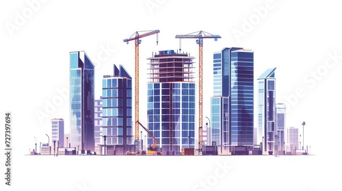Illustration of a construction site with skyscrapers  highlighting the progress of high-rise office and urban buildings. White background isolation. 