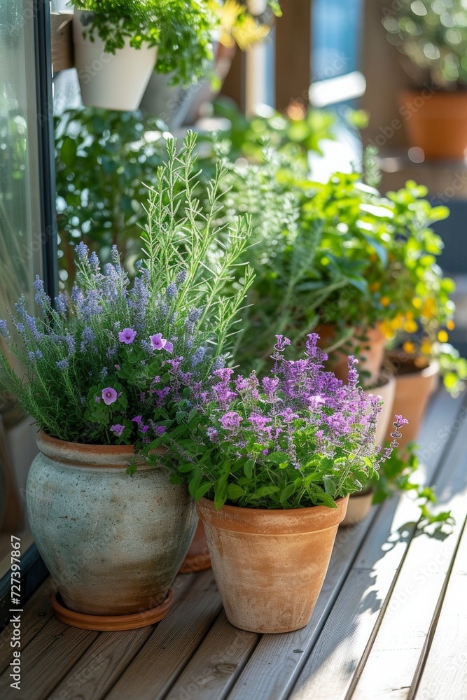 A container garden on a sunny patio, showcasing a variety of potted plants and herbs.