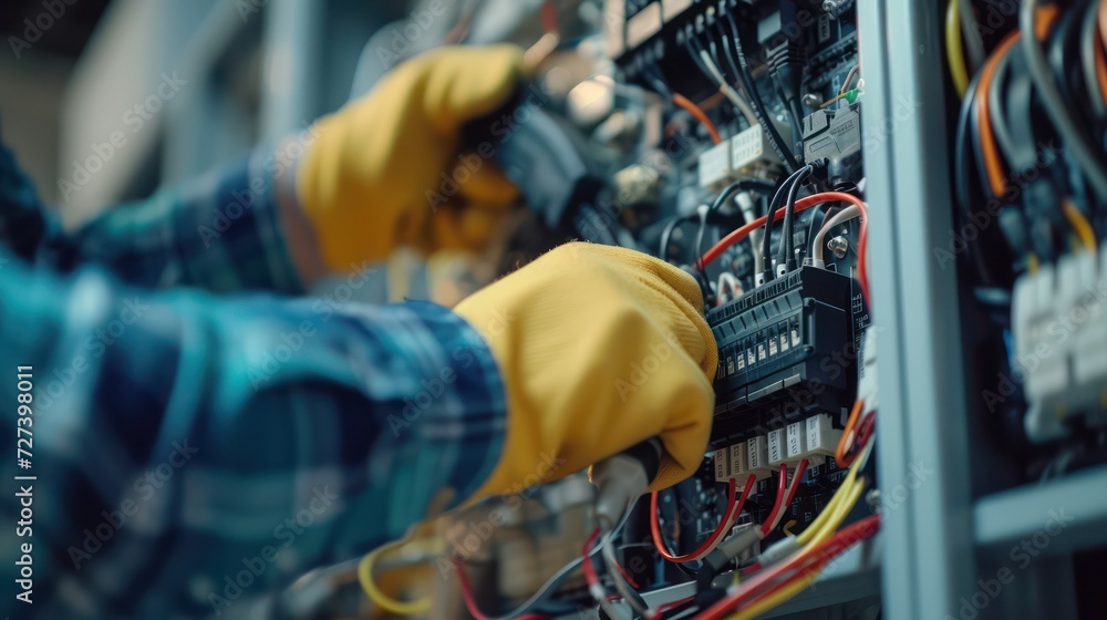 Close-up shot of an electrician carefully repairing wiring and electrical equipment.
