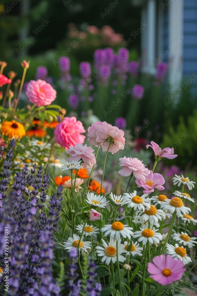 A cottage garden, charmingly wild with blooming perennials like roses, lavender, and daisies.