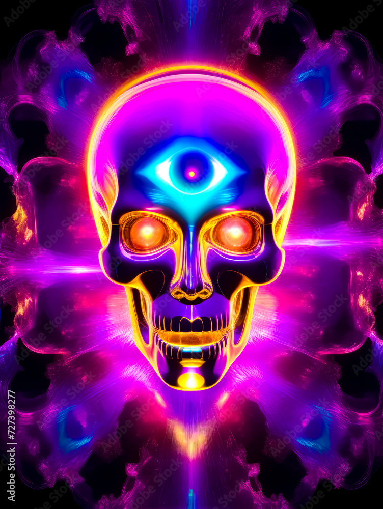 Psychedelic skull with glowing eyes and glowing eyeball in the middle of the image. Psychedelic skull with glowing eyes and glowing eyeball in the middle of the image.
