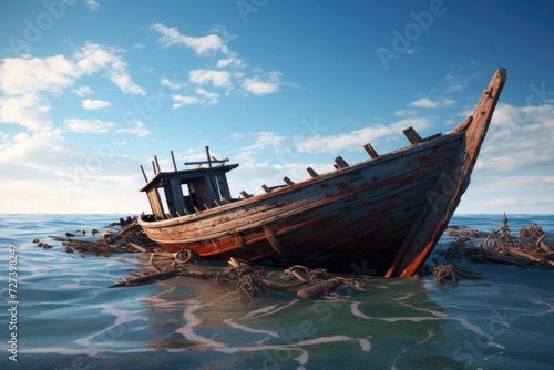 A weathered  abandoned boat is left alone  floating in the middle of the vast open ocean  Wreck of a fishing boat in the sea  3D render  AI Generated