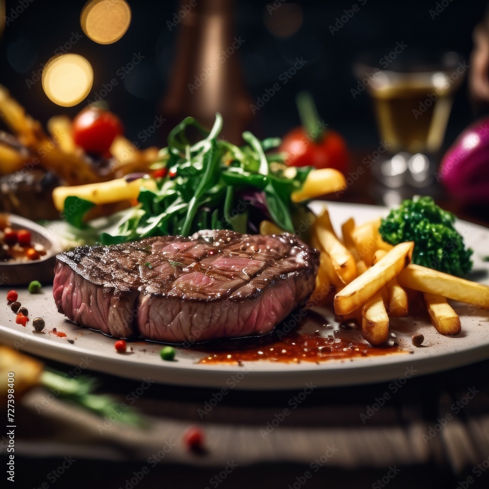Juicy medium rare steak with asparagus on a white plate Juicy medium rare steak with asparagus on a white plate