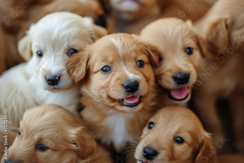 a lot of cute little puppy sitting together. Litter of newborn adorable puppies. little puppy walking outdoor. Beautiful puppies. A lot of Cute, funny dogs