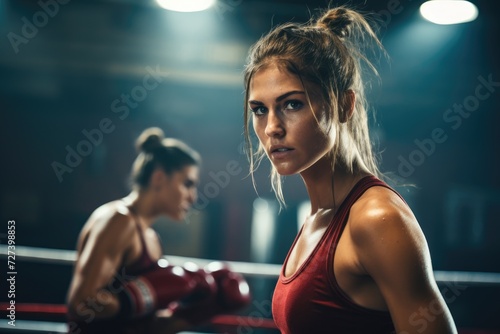 A woman in a red tank top stands next to another woman in a boxing ring, Young woman in boxing ring trains with partner and sparring equipment nearby, AI Generated © Iftikhar alam