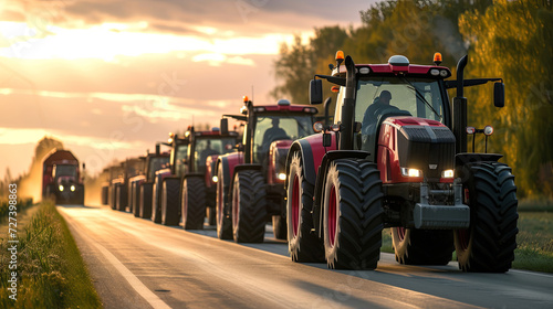 Row of tractors drives along the road 