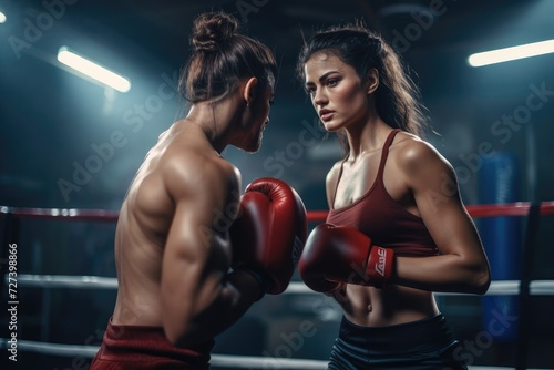 Two women stand side by side in a boxing ring, ready for a match, Young woman in boxing ring trains with partner and sparring equipment nearby, AI Generated © Iftikhar alam
