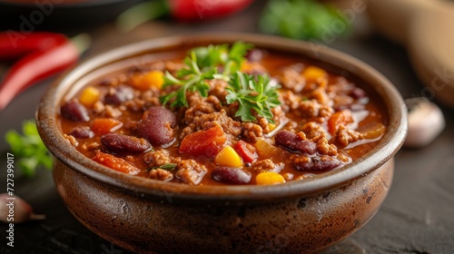 A bowl of hearty chili, teeming with ground beef, beans, and a spicy tomato sauce
