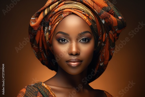 An elegant woman proudly dons a turban, a traditional headwear symbolizing her unique cultural heritage, young woman with captivating, radiant features, representing African heritage, AI Generated photo