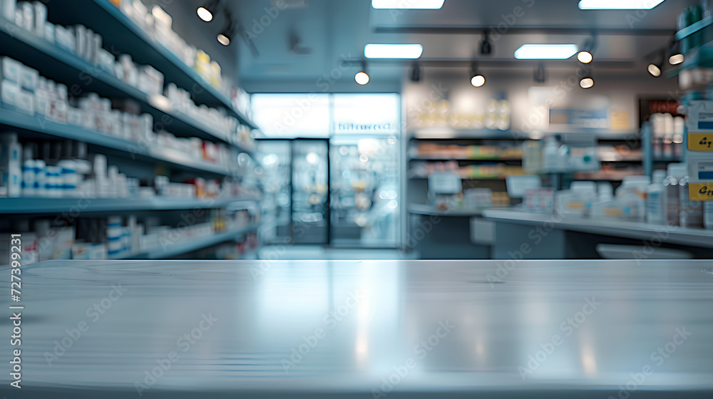 An empty countertop with a place for the product on the blurred background of the pharmacy.