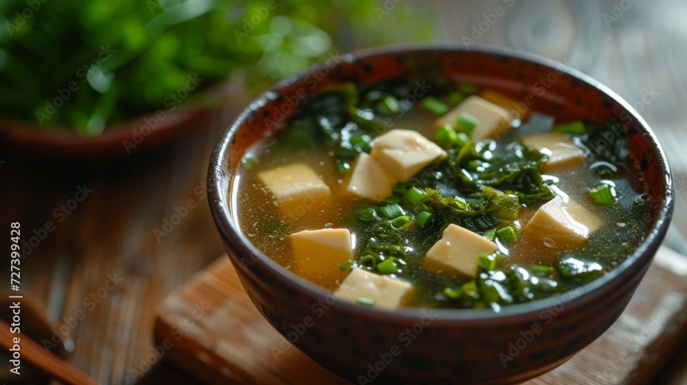 A classic bowl of miso soup, with tofu and seaweed floating in a savory broth.
