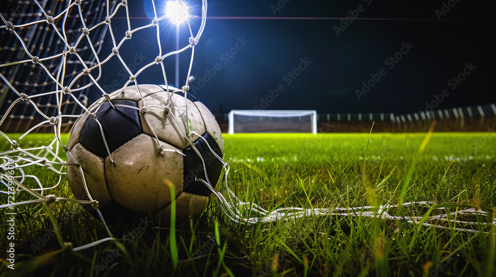 Naklejka premium kinetic energy of a suspended soccer ball frozen in mid-air