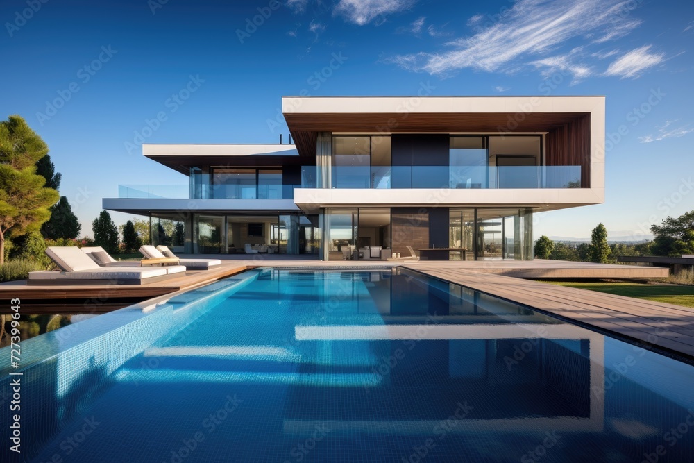 A stunning modern house with an expansive swimming pool, creating the perfect space for relaxation and enjoyment, Pool attached to the home with a clear sky, AI Generated