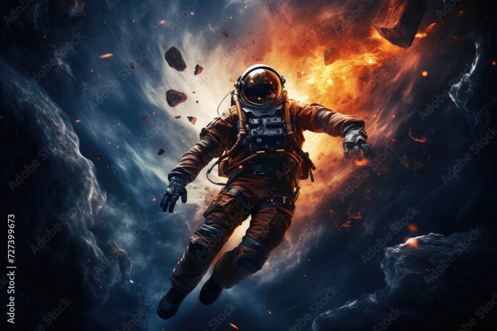 Fototapeta premium A fearless man in a space suit flies gracefully through the air, defying gravity and exploring the unknown, Portrait of astronaut floating in space, AI Generated