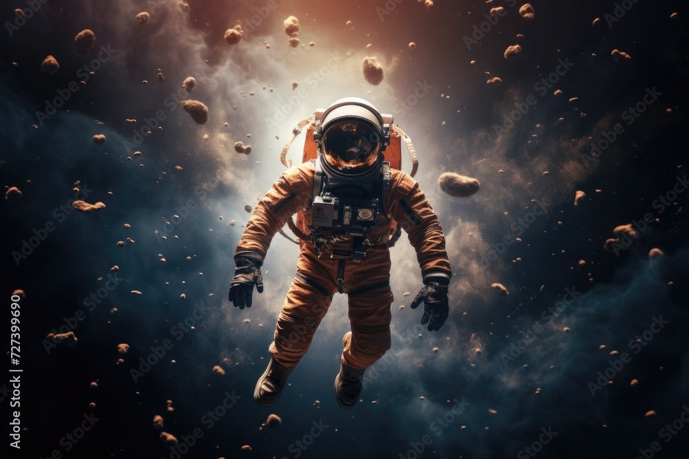 An astronaut peacefully floats in the vastness of space, amidst a stunning array of planets, Portrait of astronaut floating in space, AI Generated An astronaut peacefully floats in the vastness of space, amidst a stunning array of planets, Portrait of astronaut floating in space, AI Generated