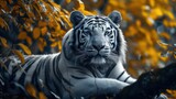 Stunning close-up of a white tiger in a lush tree jungle, captured in a high-res 8k masterpiece