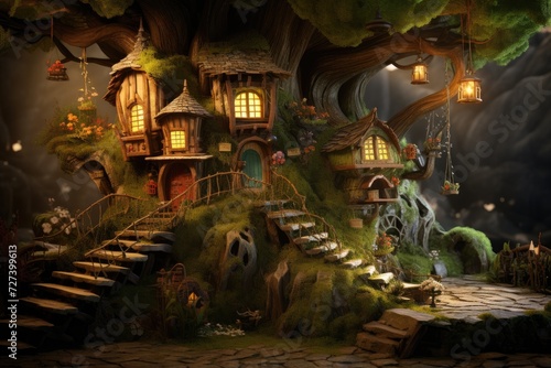 Magical Tree House With Stairs and Staircase Leading Up, Pixar 3D image of a miniature elf dwelling and garden in an old hollowed-out tree, with dramatic fantasy lighting and marginalia, AI Generated © Iftikhar alam