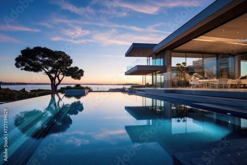 A large swimming pool that offers breathtaking views of the expansive ocean, Pool attached to the home with a clear sky, AI Generated © Iftikhar alam