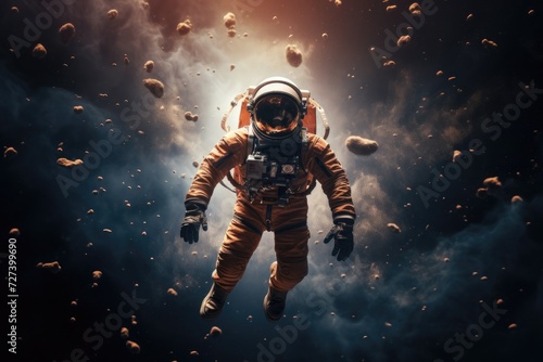 An astronaut peacefully floats in the vastness of space, amidst a stunning array of planets, Portrait of astronaut floating in space, AI Generated