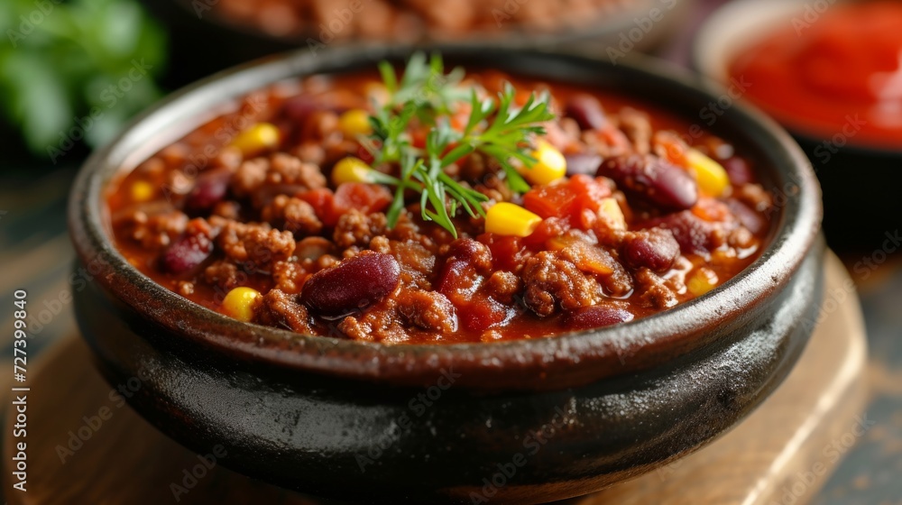 A bowl of hearty chili, teeming with ground beef, beans, and a spicy tomato sauce A bowl of hearty chili, teeming with ground beef, beans, and a spicy tomato sauce