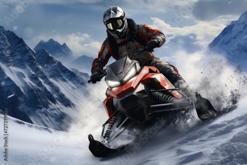 A man enjoys the thrill of snowmobiling as he rides down a snow-covered slope, Rider on the snowmobile in the mountains active drive, AI Generated