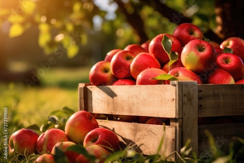 A wooden crate bursting with an abundance of fresh  plump  and vibrant red apples  Ripe organic apples in a wooden boxes on the background of an apple orchard  AI Generated