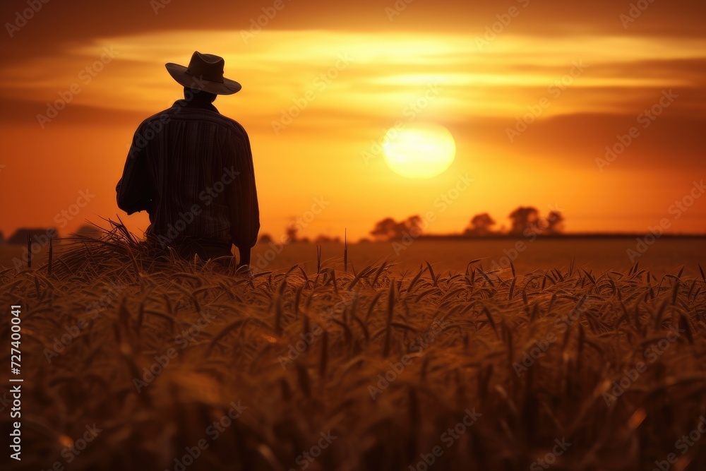 A man wearing a hat stands in a peaceful field as the sun sets below the horizon, Silhouette of a farmer amidst a wheat field, gazing at the setting sun, AI Generated