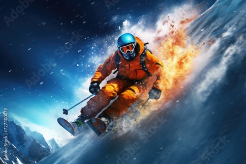 A man dressed in an orange suit skiing down a snow-covered mountain, Skiing Snowboarding Extreme winter sports, AI Generated