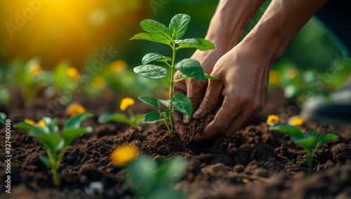 A dedicated gardener gently tends to a new herb, carefully nurturing it in the rich soil of their outdoor garden with loving hands and nourishing compost