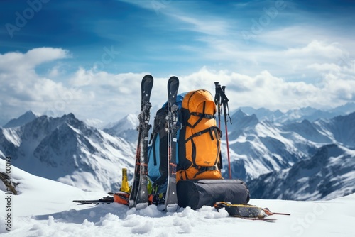 Backpack and Skis on Snowy Mountain, Adventure Gear Resting on Majestic Landscape, Ski in winter season, mountains and ski touring equipments, AI Generated photo