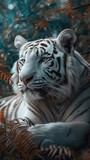 Stunning close-up of a white tiger in a lush tree jungle, captured in a high-res 8k masterpiece