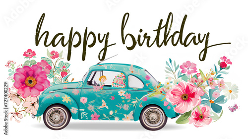 A delicate illustration of a blue retro car in pink colors and the text 