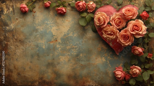 Tło vintage z narożną ramką zrobioną z różowych róż i serca. Textura starej ściany photo