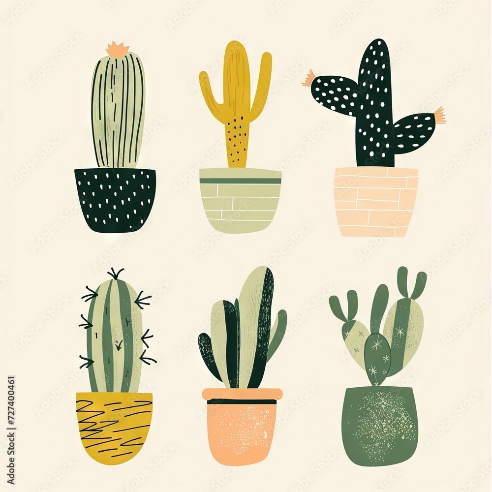 Fototapeta premium small clipart set of 6 simple abstract cactus, non uniform shapes, petrol green, light green, brick color and mustard, in the style of minimalist graphic designer, pencil strokes