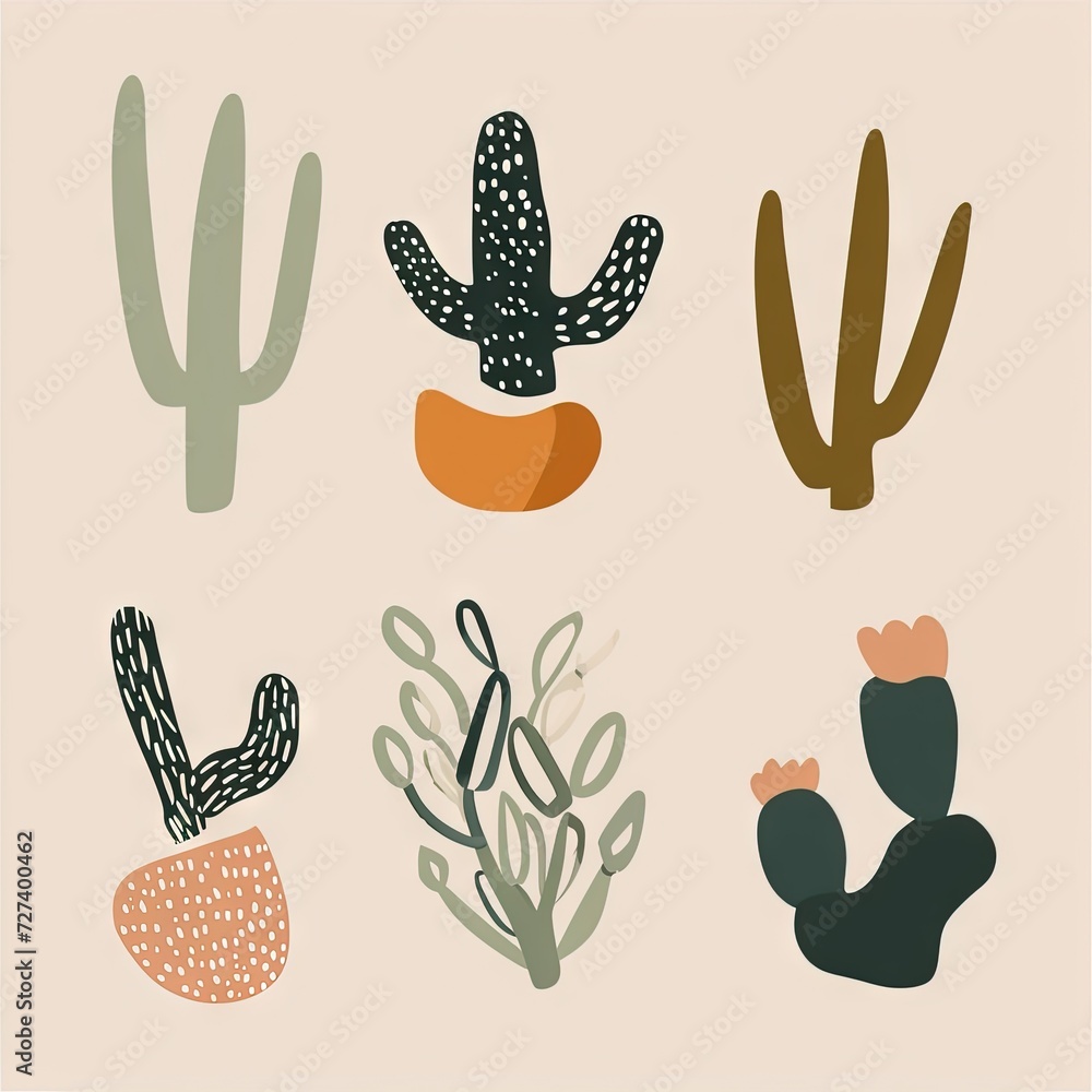 Fototapeta premium small clipart set of 6 simple abstract cactus, non uniform shapes, petrol green, light green, brick color and mustard, in the style of minimalist graphic designer, pencil strokes