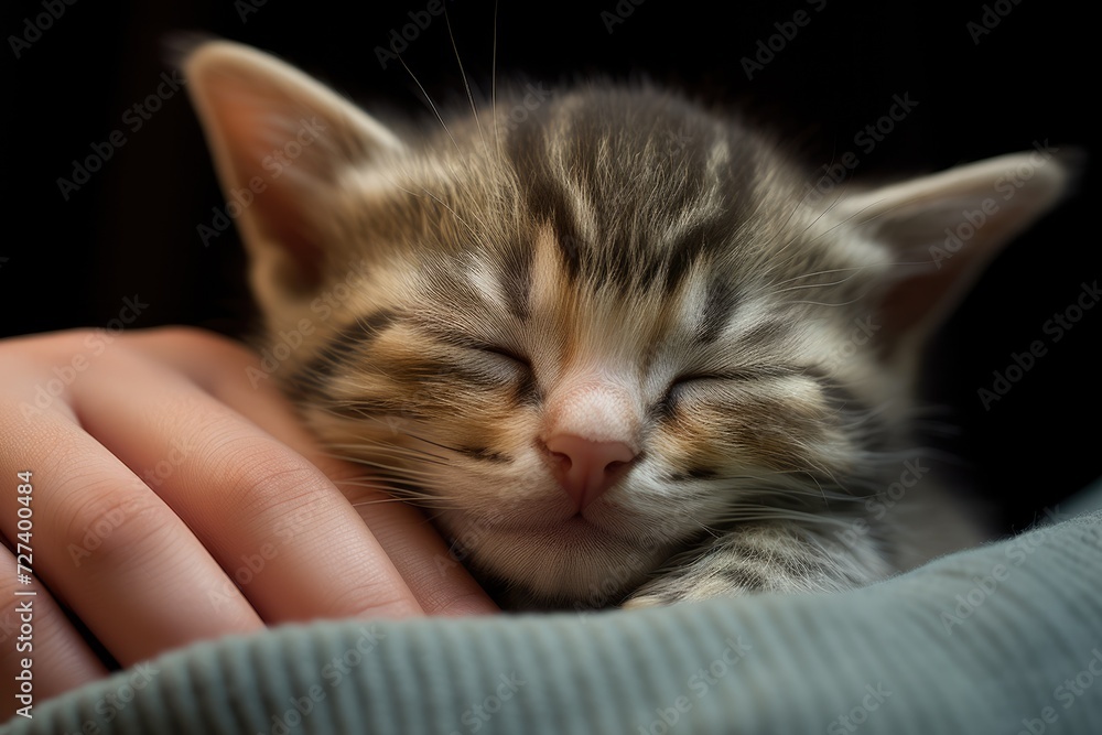 An adorable small kitten peacefully sleeps on top of a gentle persons hand, displaying an endearing moment of trust and comfort, The kitten sleeps in my palm, AI Generated